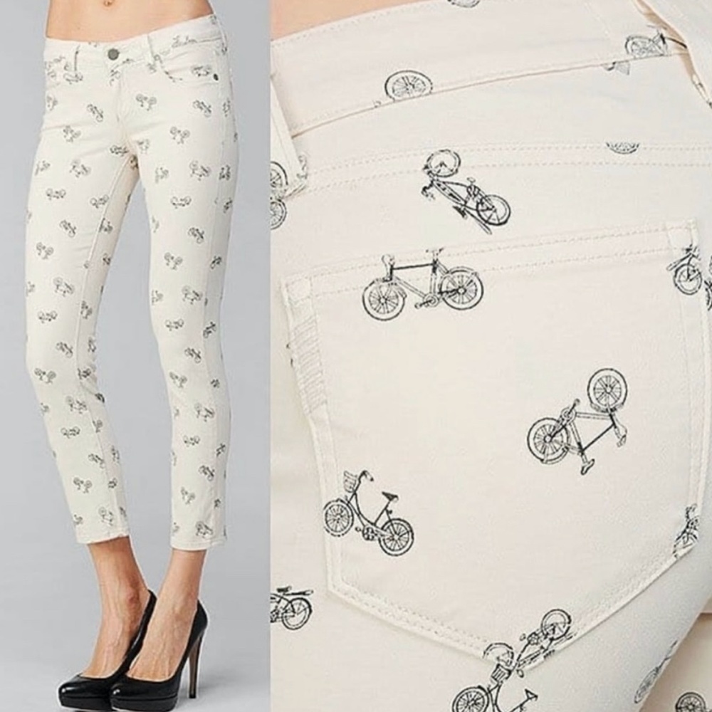 Paige Kylie Cropped Bicycle Print Cruiser Skinny Jeans Taupe Size 30